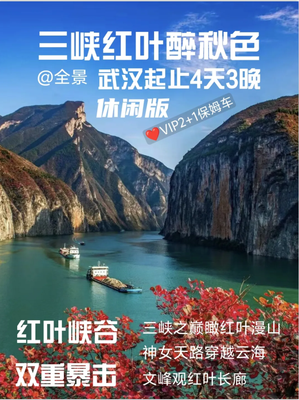 【三峡红叶-休闲版】12月4日-7日，武汉起止游三峡红叶、三峡大坝、神女天路、三峡之巅休闲4日游（VIP2+1大巴）